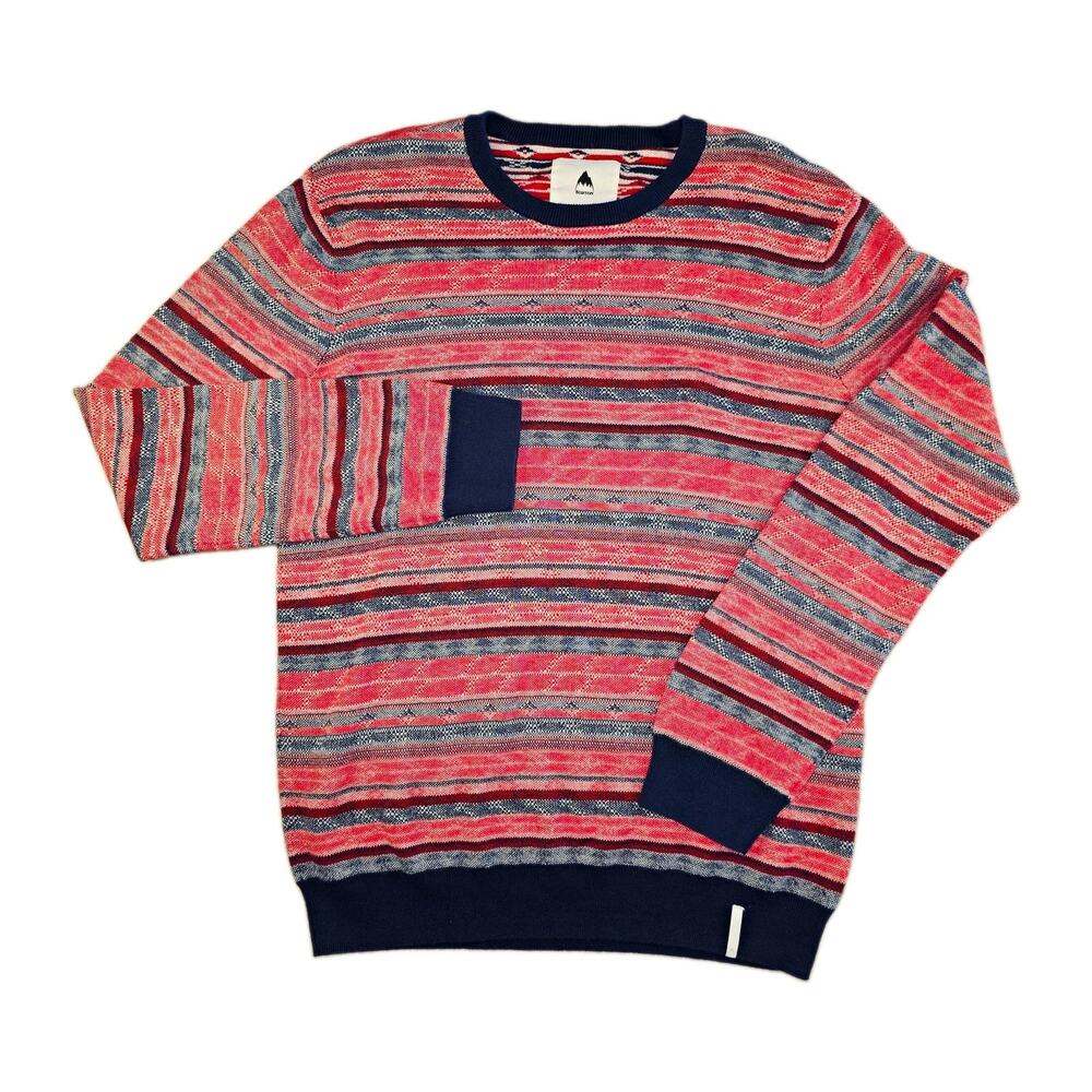 Burton Cotton Wool Knit Crew Neck Striped Logo Pullover Sweater Red Blue XL